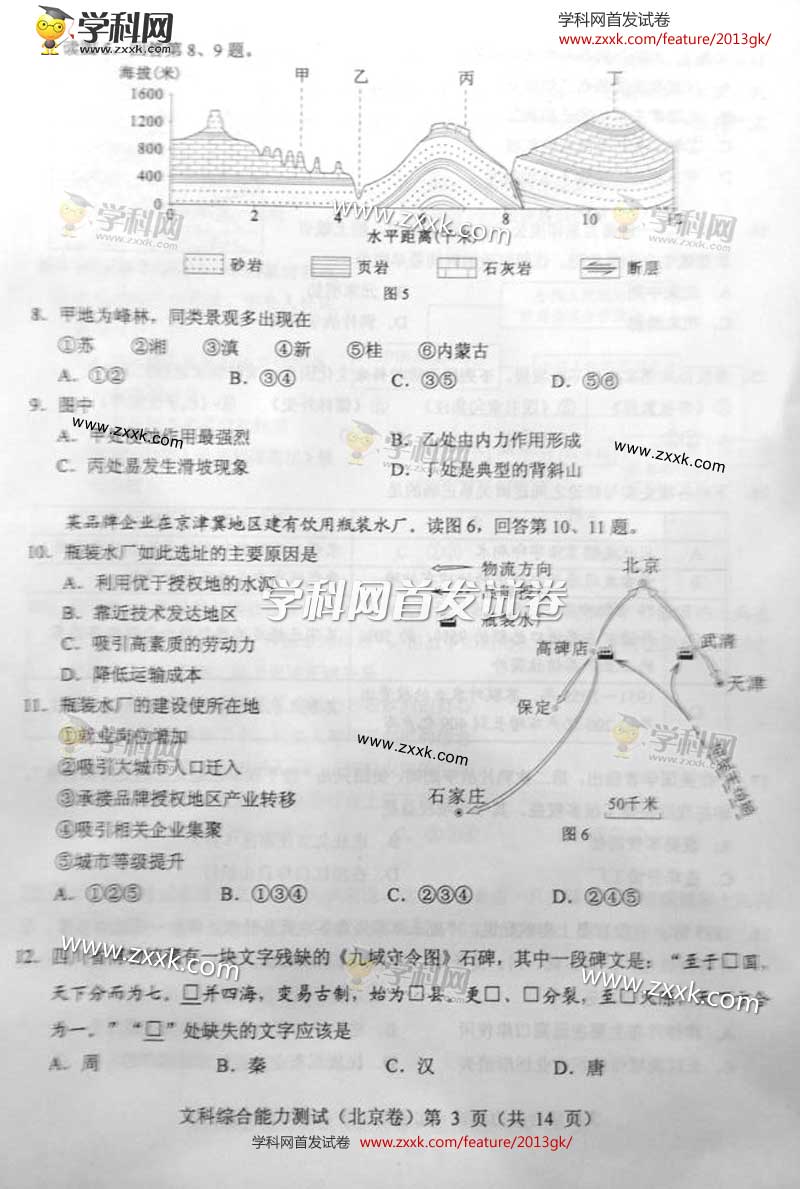 2013北京高考文综卷试题及答案(图片版)