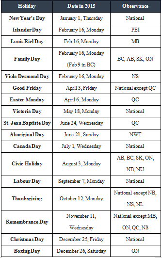 加拿大各地放假时间安排