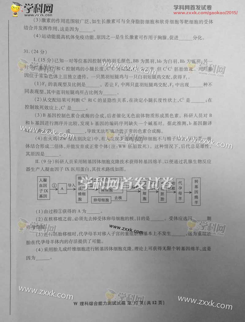 2015年安徽高考理科综合试题及答案解析