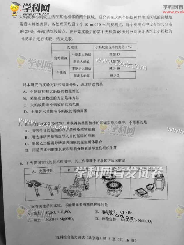 2015年北京高考理科综合试题及答案解析