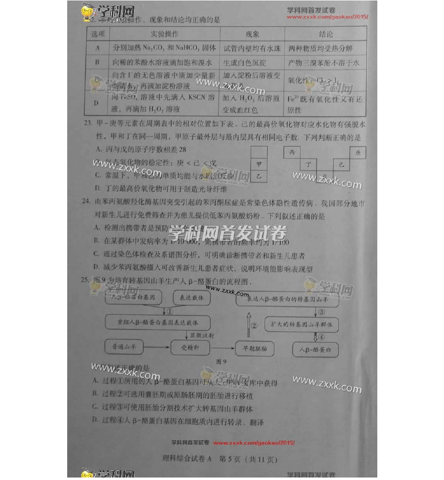 2015年广东高考理科综合试题及答案解析
