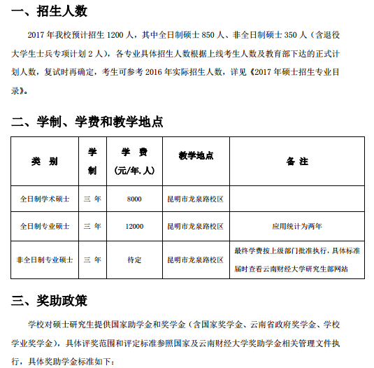 2017考研云南财经大学研究生招生简章