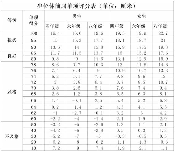北京市国家学生体质健康测试统测评分表