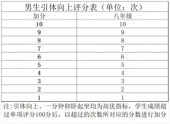 北京市国家学生体质健康测试统测评分表