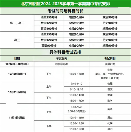 北京期中考试时间